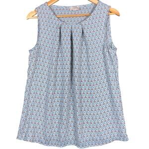 LOFT Womens Blouse Blue Geometric Pleated Front Tank Sleeveless Flowy Stretch M